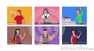 Blogger people on screen vlog vector flat illustration concept online video. Business internet communication social media. Digital Vector Illustration