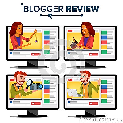 Blogger Review Concept Vector. Video Blog Channel. Man, Woman Popular Video Streamer Blogger. Recording. Online Live Vector Illustration