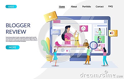 Blogger review vector website landing page design template Vector Illustration