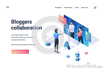 Bloggers collaboration. Isometric web banner. Creating vlog content. Live streaming podcast. Vector illustration Vector Illustration