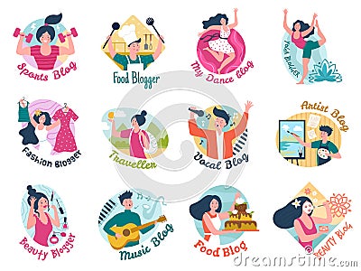 Bloggers emblem. Vlog recording characters social emblem or badges design recent vector template set Stock Photo