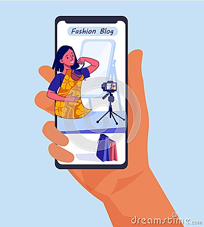 Bloggers live streaming. Fashion blog. Hand holding smartphone. Woman dressing garment in front of camera. Shopping Vector Illustration