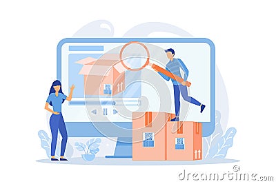 Bloggers with magnifier looking inside the box with new purchase video. Vector Illustration