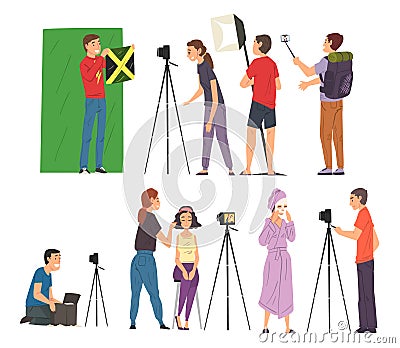 Bloggers Streaming Online Set, Cameraman, Soundman and Light Technician Recording Video, Social Media Blogging Cartoon Vector Illustration