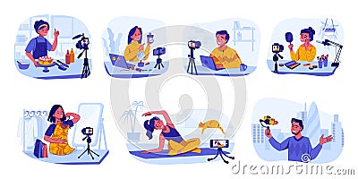 Bloggers and vloggers. Influencers making content for cooking and travel, beauty or fashion video channels. People recording sport Vector Illustration