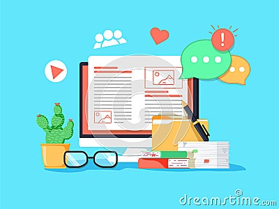 Blogging concept illustration. Idea of writing blog and making content for social media. Vector Illustration