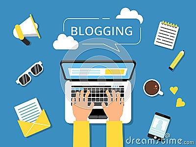 Blogging concept picture. Hands on laptop and various tools for writers around Vector Illustration