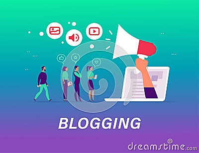 Blogging concept with tiny people, laptop and social media review and feedback icons. Vector Illustration