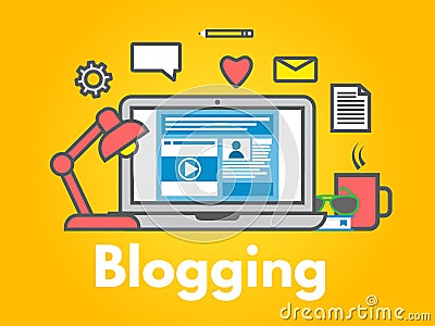 Blogging concept on yellow background. Laptop with icons. Social media sharing. Blog post flat line style. Business design. Trendy Vector Illustration