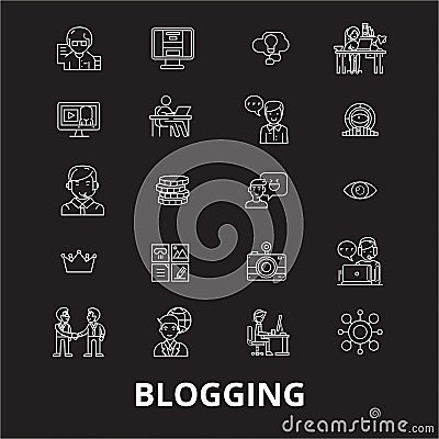 Blogging editable line icons vector set on black background. Blogging white outline illustrations, signs, symbols Vector Illustration