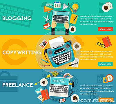 Blogging, Freelance And Copywriting Concept Banners Vector Illustration