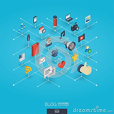 Blogging integrated 3d web icons. Digital network isometric concept. Vector Illustration