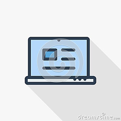 Blogging, laptop with abstract text and image concept of blog, writing email letter, document thin line flat color icon Vector Illustration