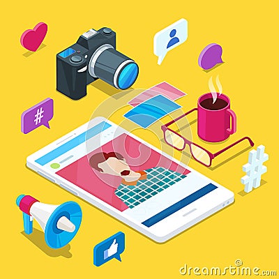 Blogging and social media content creation. Photo or video blog vector 3d isometric icons. Internet business concept Vector Illustration