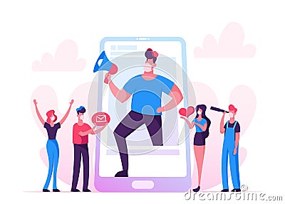 Blogging, Social Media Networking during Pandemic. Blogger Man Character with Megaphone at Huge Smartphone Vector Illustration
