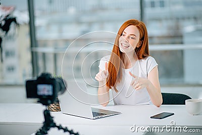 Blogging, technology, videoblog, mass media and people concept Stock Photo