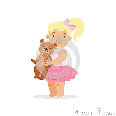 Blon Girl Standing WIth Teddy Bear, Adorable Smiling Baby Cartoon Character Every Day Situation Vector Illustration