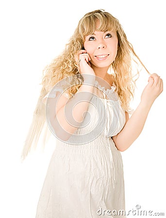 Blond angel girl with telephone Stock Photo