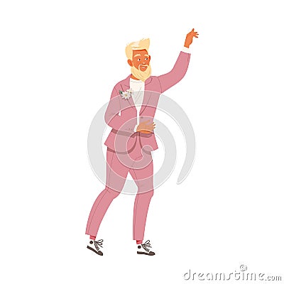 Blond Bearded Bridegroom as Newlywed or Just Married Male Wearing Evening Suit Dancing Vector Illustration Vector Illustration