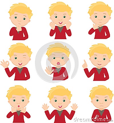 Blond boy doubts, rejoices, angry and gives advice Vector Illustration