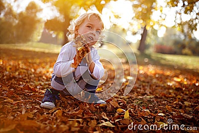 Blond boy hold colorful leaves Stock Photo