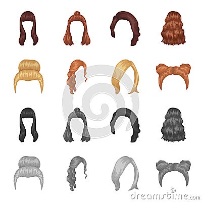 Blond with a bunch, red wavy and other types of hair. Back hair set collection icons in cartoon,monochrome style vector Vector Illustration