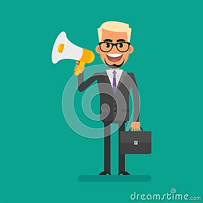 Blond businessman holding megaphone holding briefcase and smiling Vector Illustration