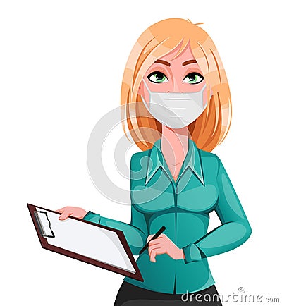 Young successful business woman holding clipboard. Vector Illustration