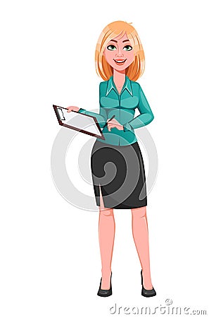 Young successful business woman holding clipboard. Vector Illustration