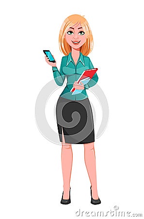 Young successful business woman holding smartphone. Vector Illustration