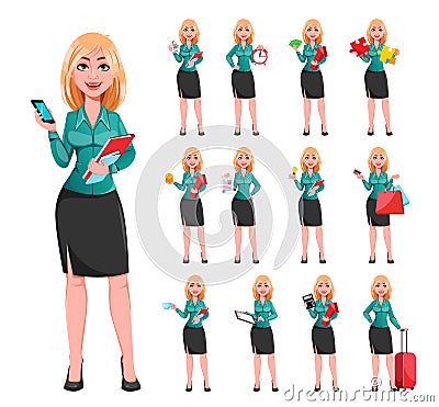 Young successful business woman, set of thirteen poses. Vector Illustration