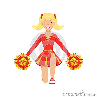 Blond cheerleader teenager girl dancing with red and yellow pompoms. Colorful cartoon character vector Illustration Vector Illustration