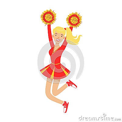 Blond cheerleader teenager girl jumping with red and yellow pompoms. Colorful cartoon character vector Illustration Vector Illustration