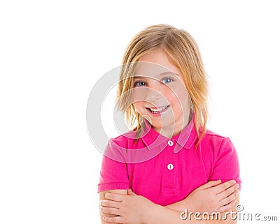 Blond child girl with pink t-shirt smiling portrait Stock Photo