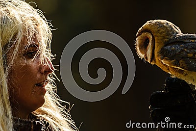 Blond falconry girl gaze to barn owl Stock Photo