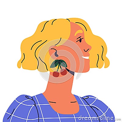 Blond girl avatar with bob haircut side view. Happy young woman portrait with pretty earrings, bijou. Female face, user Vector Illustration