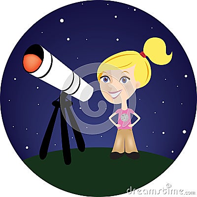 Blond Girl with her Telescope Vector Illustration