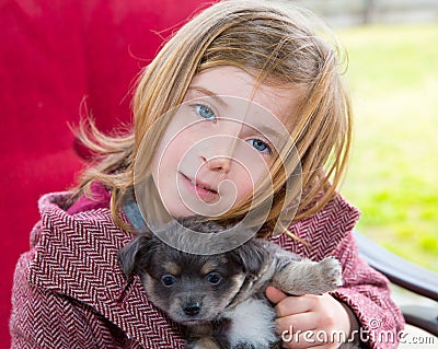 Blond girl hug a gray pyppy chihuahua dog Stock Photo