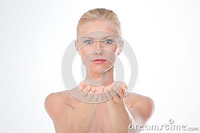 Blond girl offering Stock Photo