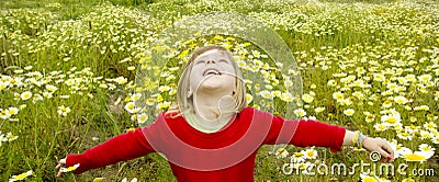 Blond girl open arms spring meadow daisy flowers Stock Photo