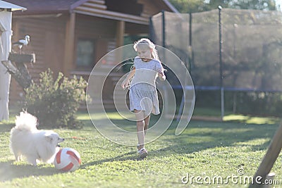 Blond girl playing with a ball and a little furry dog Stock Photo