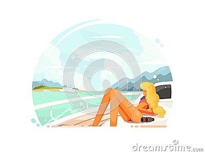 Blond girl relaxing on yacht Vector Illustration