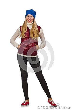 Blond hair girl in bordo vest isolated on white Stock Photo