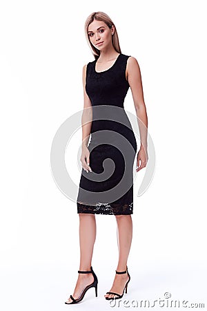 Blond hair woman wear office black dress code style pretty beaut Stock Photo