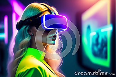 A blond haired model is wearing virtual reality goggles in front of a neon colored backgound. Stock Photo