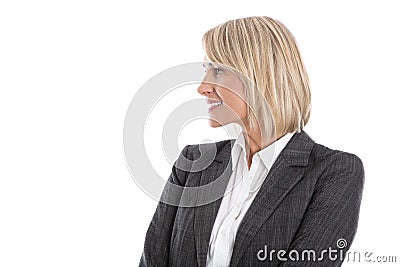 Blond isolated mature business woman looking sideways to text. Stock Photo