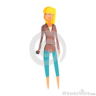 Blond Journalist Wating To Take Interview, Official Press Reporter Working, Collecting Information And Making News, Part Vector Illustration