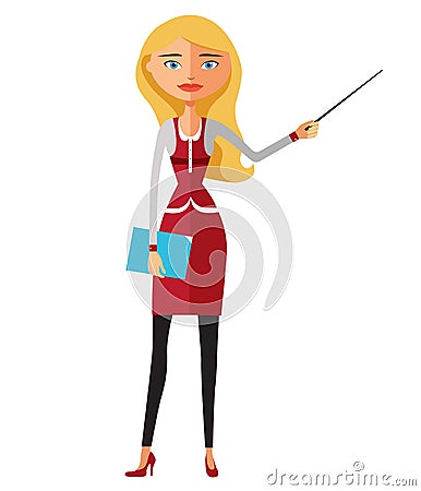Blond lady with a pointer. Young business blonde woman presenting something. Tutor character. Vector Illustration