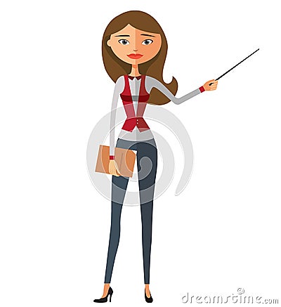 Blond lady with a pointer. Youngs woman presenting something. Tutor character. Vector Illustration