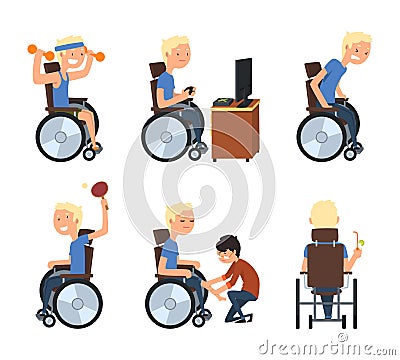 Blond Man with Disability in Wheelchair Engaged in Different Activity Vector Set Stock Photo